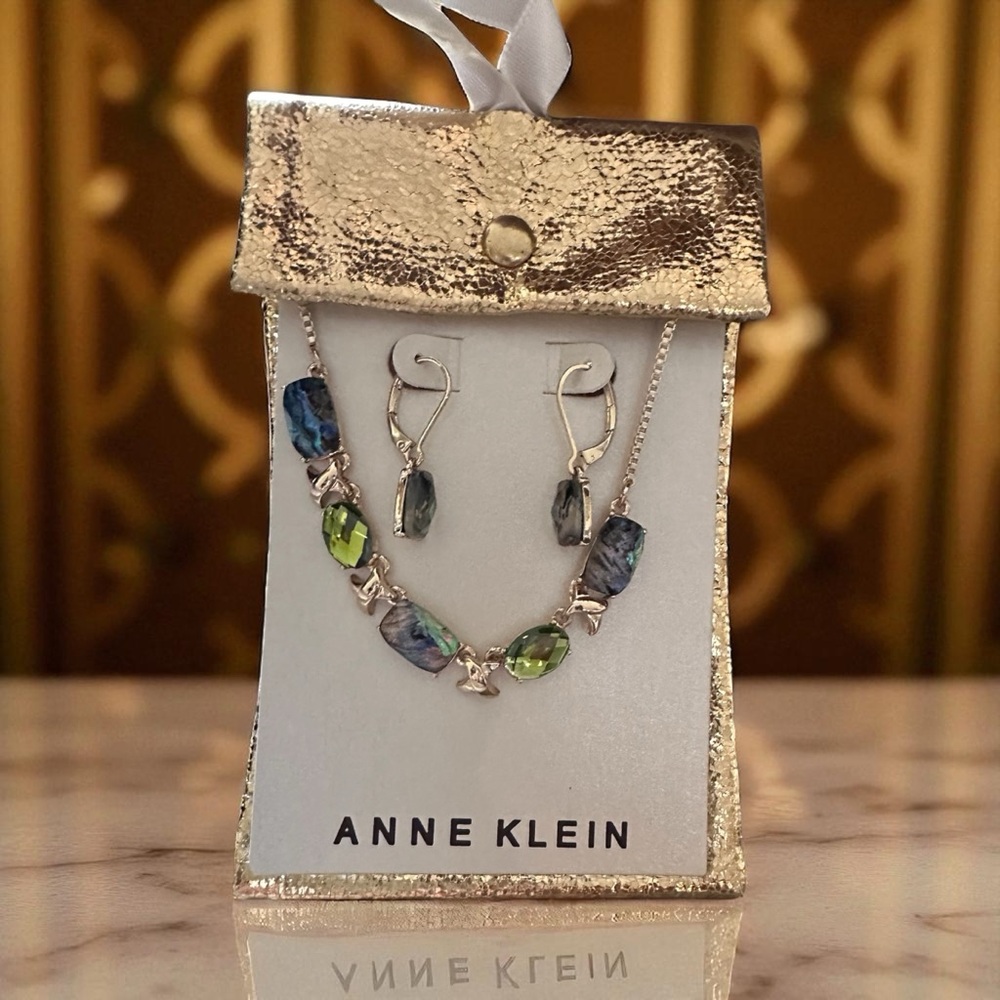 Anne Klein Necklace and Earrings Gold with Blue and Green‎ Stones